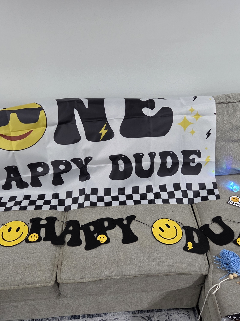 Happy Dude Party Banner and Smiley Garland - Black & Yellow